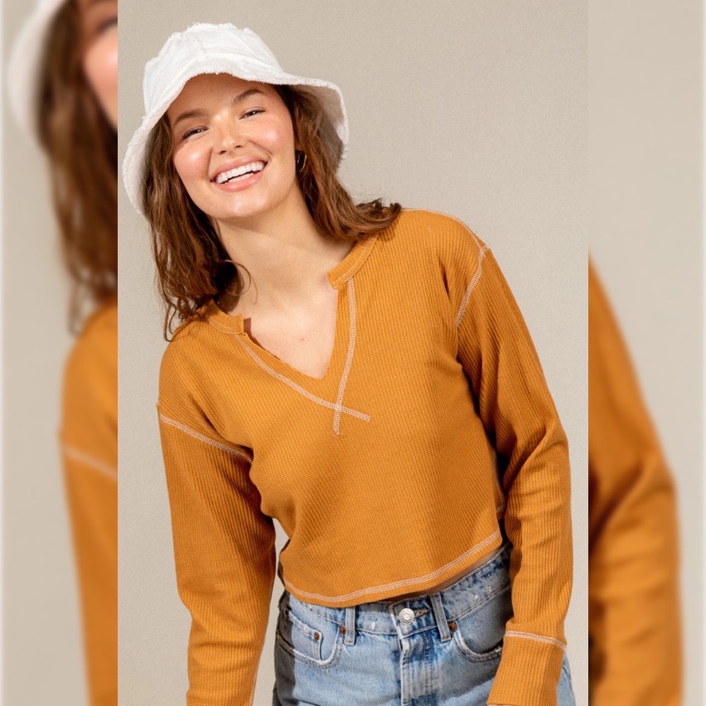 Seam details waffle thermal soft knit casual crop top
